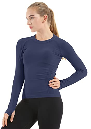 MathCat Seamless Workout Shirts for Women Long Sleeve Yoga Tops Sports Running Shirt Breathable Athletic Top Slim Fit Navy