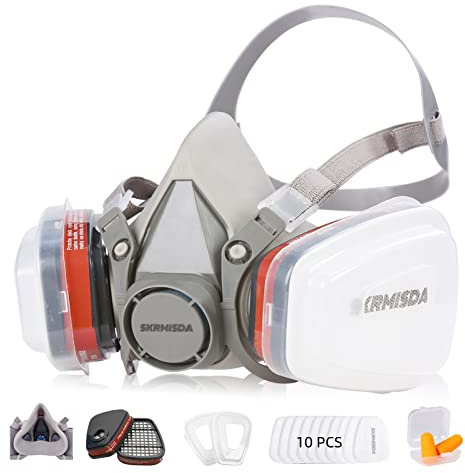 Respiradores reutilizables, respirador de media cara reutilizable SKRMISDA con 10 filtros de respirador de algodón activo contra pintura, polvo, pulido, pulverización, trabajos protectores