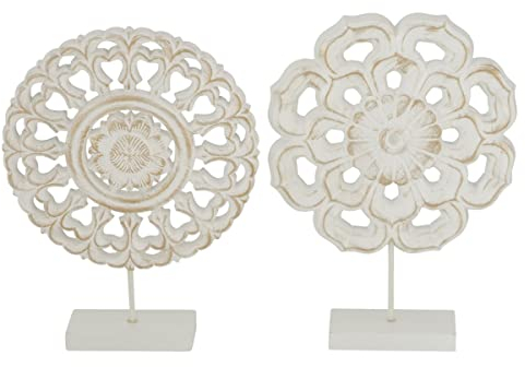 WHW Whole House Worlds Modernist Mandalas, Set of 2, Handcrafted, Carved Wood, White Whisper Patina Over Wood, Mounted, Rectangular Gallery Base, 10.25 Inches Each