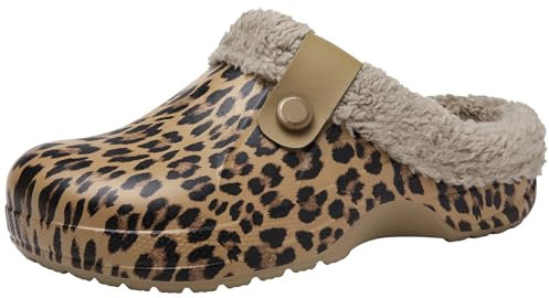 ChayChax Donna Uomo Invernali Zoccoli Sabot Imbottiti Calde Morbide Pantofole Casa Esterno in Comode Peluche Inverno Impermeabile Scarpe da Giardino, Leopardo, 39/40 EU