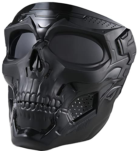 crossbody Airsoft Skull Full Face Tactical Masks with PC Lens Eye Protection for CS Survival Games Shooting Cosplay Movie Paintball Halloween Scary Masks,Motorcycle Goggles Mask, Black, 19cmx18cm