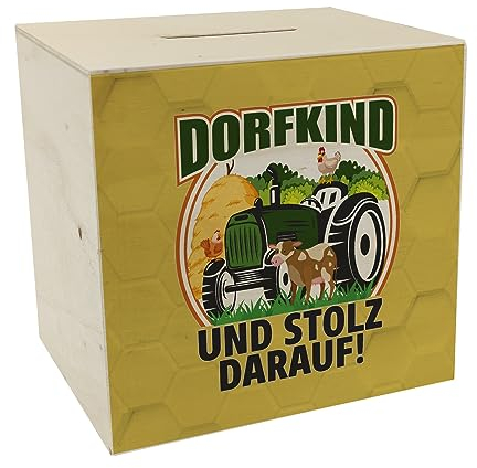 Dorf Spardose aus Holz mit Spruch Dorfkind und stolz darauf Sparschwein zum Sparen auf den nächsten Traum Traktor Kuh Sparbüchse Huhn cool