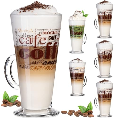 PLATINUX Bicchieri da caffè con motivo max. 280 ml, set da 6 pezzi, in vetro, latte macchiato, con manico, bicchieri da cappuccino