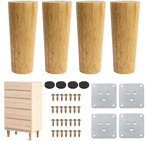 4Pcs Wooden Furniture Legs Replacement Solid Wooden Sofa Legs 12cm Straight Cone Furniture Replacement Feet Chair Leg with Screws Mounting Plate and Anti-Slip Pads For Couch Table Dresser Bed