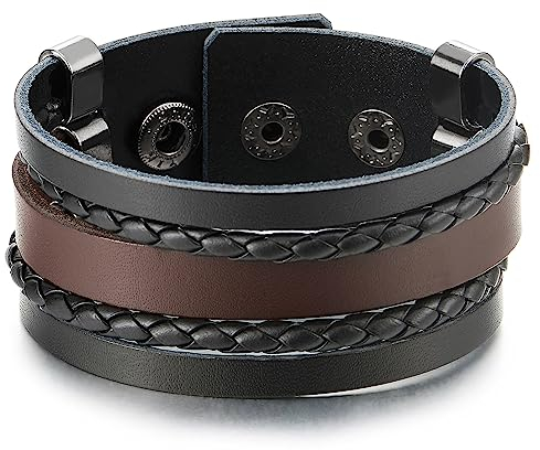 COOLSTEELANDBEYOND Multi-Strang Leder Armband Braun Schwarz, Herren Damen Breiten Geflochtene Leder, Schweißband, Minimalistischen