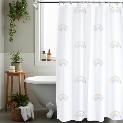 AQUALONA® Premium Shower Curtain, 12 FREE HOOKS INCLUDED - Polyester, Water-repellent Coating, Rustproof Chrome Eyelets - Mildew Resistant and Weighted Hem, 180 x 180 cm (Rainbow)