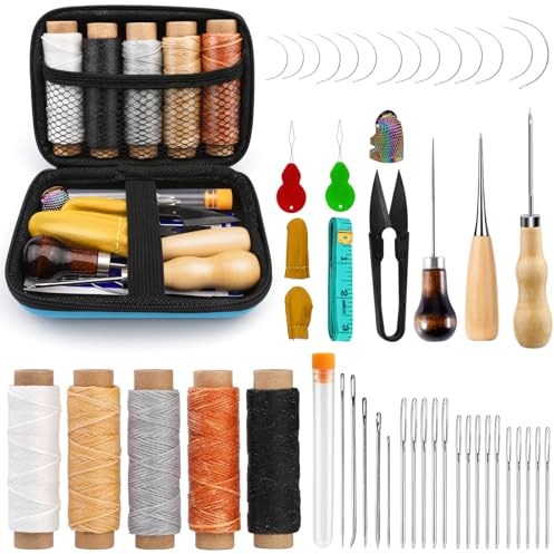 Tundi 44-teiliges Leder-Nähset, Leder-Nähnadeln mit großem Öhr, Nähahle, Fingerhut, robustes Näh- und Polster-Reparaturset für Autositz, Rucksack, Teppich, Stiefel, Schuhe, Leinwand, Sofa