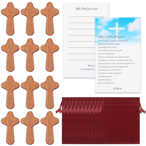 Queekay 50 Set Small Wooden Crosses in Bulk Hand Held Prayer Pocket Comfort Crosses with Velvet Pouch and Prayer Cards Jerusalem Christian Church Easter Gifts 2.56'' Mini Holding Crucifix
