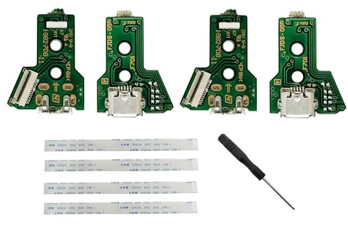 Carte d'interface 4 PCS JdS - 055 et câble ruban 12 broches compatible avec le port de charge de remplacement du Contrôleur sans fil PS4 Pro / PS4 Slim