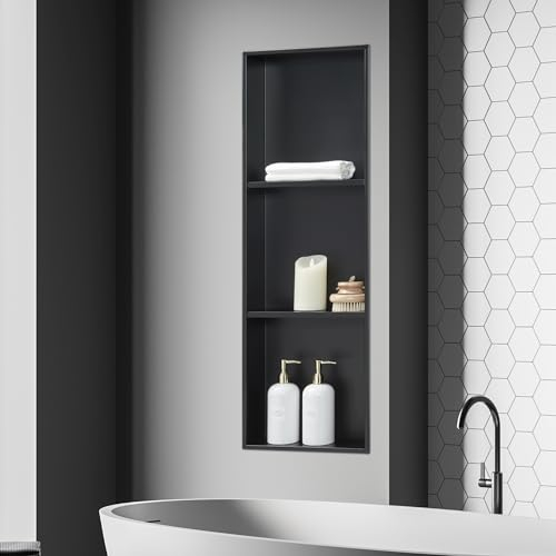 [neu.haus] Étagère Encastrée à 3 Niveaux pour Salle de Bain Niche Murale Encastrable Résistante à l'eau Montage Verticale ou Horizontale Acier Inoxydable 92 x 32 x 10 cm Noir Mat