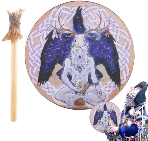 Chamantrumma, chamantrummor för vuxna, 25 cm (9 tum) Sound Healer Instrumental Shamantrumma – handtrumma med varghuvudsdesign för andlig musik, reflektionsmediditation