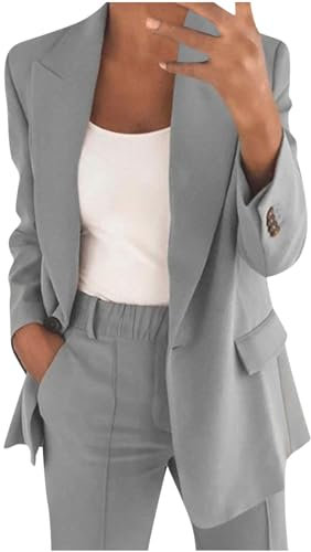Generisch Hosenanzüge für Damen Modern Elegant Anzug Set Business Büro 2 Teiler Slim fit Blazer Hose Outfit Revers Casual Sportlich Anzugjacke Baumwolle Freizeitanzug Sale Angebote Grau L