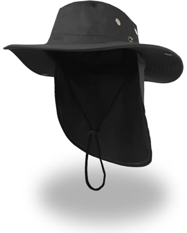 NLAND Sombrero de Sol Pescador Hombre Mujer Gorras de Pescador Transpirable Protección UPF Cuello para y Plegable Malla Jardinería Trekking Gorro con Orejeras，Black