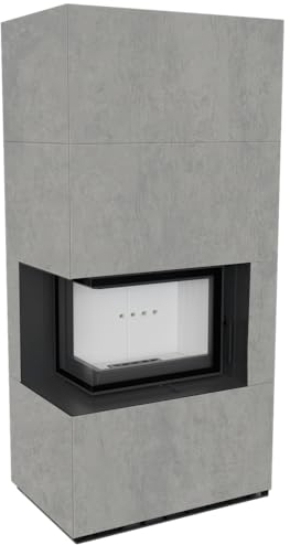 KRATKI Kaminbausatz FLOKI BOX links 8 kW Ø 160 Quarzsinter CEMENTO GRIGIO BOCCIARDATA mit Türfeder