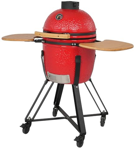 COOKFIRE – Barbacoa carbon Kamado Ø 45 cm – BBQ Grill Japonesa – Barbacoa con Termómetro y Asas de Bamboo - Barbacoa carbon portátil – Barbacoa cerámica Kamado – Mini Parrilla de Carbón (Rojo)