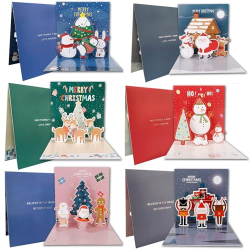 Fyvadio Biglietti di Natale 3D, 6 pacchetti di biglietti di Natale Pop Up Cartoline di Buon Natale Biglietti di auguri di Natale Cartoline di Natale fatte a mano con buste per Natale/Capodanno