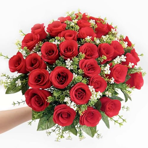 SNAIL GARDEN 2 Pack 36-Head Artificial Red Roses,Large Silk Red Rose Bouquet with Leave and Small Flowers,Realistic Looking Artificial Flower for Floral Arrangements,Home Decor,Wedding,Valentines Day