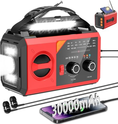 27000mAh Notfallradio mit Kurbel,Solar,Batterie und USB Betriebene,Tragbar AM/FM Wetter Radio mit Bluetooth/Kopfhöreranschluss/Leseleuchte/Taschenlampe/Kompass/SOS Alarm für Camping Outdoor