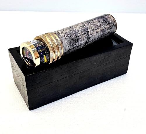 Kaléidoscope à roue liquide noir antique vintage maritime en laiton optique de collection cadeau nautique boîte en bois