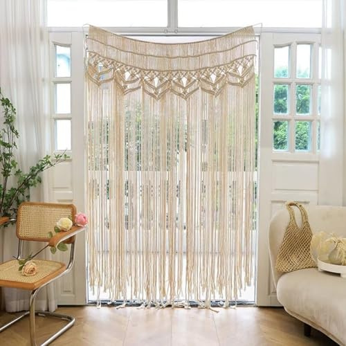 GLOBALHUT Handmade Cotton Rope Door Curtain Macrame Tapestry Wall Hanging For Wedding Backdrop Home Decor Beige(95x180cm)