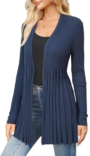 Arach&Cloz Cardigans for Women UK Wool Blend Waterfall Ladies Ribbed Cardigan Long Sleeve Knitwear for Casual Work Blue, M