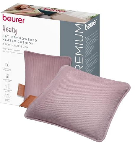 Beurer Heaty Heizkissen, kabelloses Heizkissen mit Akku, Wärmekissen mit Abschaltautomatik und 3 Temperaturstufen, mit Schnellheizung, weicher Cordstoff, lavender-lilac/lila