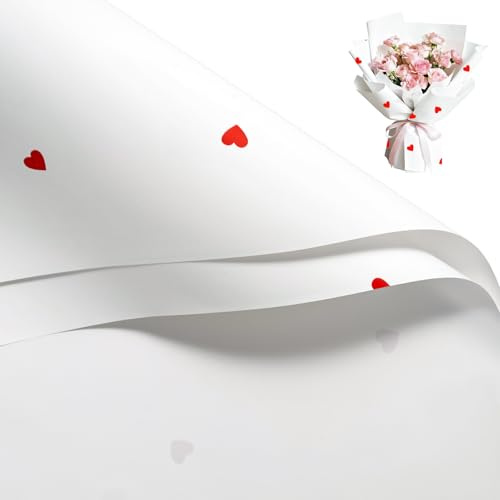 RUSPEPA 20 Fogli Di Carta Da Regalo Per Fiori - 57X57 Cm Carta Da Regalo Per Bouquet Floreali Impermeabile Con Motivo A Cuore Bianco E Rosso, Confezione Per Fioristi Per San Valentino E Matrimonio