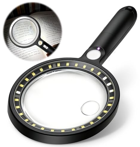 RoserRose Lupe mit Licht – 5x/13x/20x Magnifying Glass with Light, 30 LED + 1 UV-Lampe, Handlupe für Senioren, Leselupe mit gleichmäßigem Licht, Vergrößerungsglas mit Ständer - Schwarz