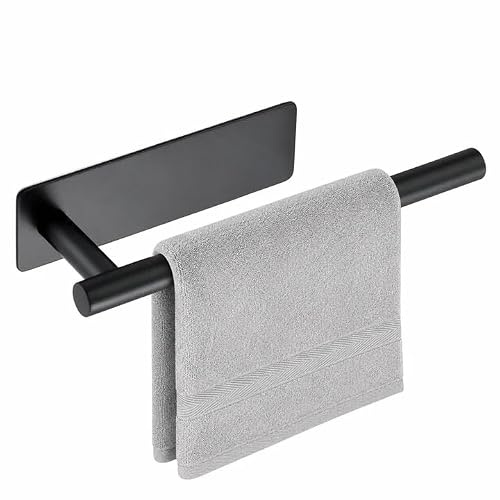 SAYAYO Self Adhesive Towel Rail, Black Hand Towel Holder 20CM | Stick on Towel Rail for Bathroom Kitchen, SUS304 Stainless Steel Waterproof Rustproof, No Drilling