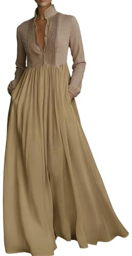 Vestito Lungo Elegante da Donna in Lino e Cotone con Patchwork, Camicia con Colletto a Bottoncino Singolo, Maniche Lunghe, con Tasche, Vestito Estivo da Spiaggia, Formale per Cerimonie Estive, cachi