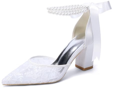 HHMYJUQA Scarpe da Sposa in Pizzo da Donna con Tacco A Blocco Cinturino alla Caviglia Décolleté A Punta Scarpe da Festa,Bianca,35 EU