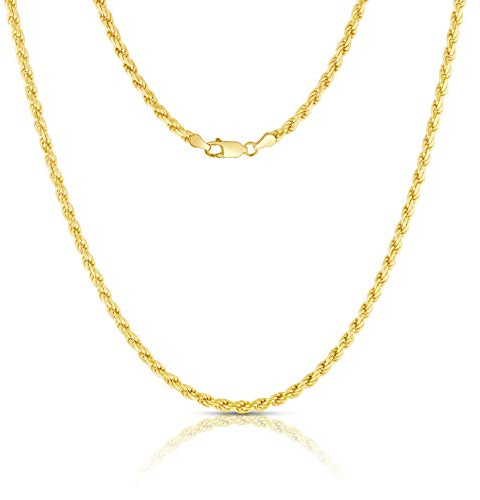 Autentiskt guldpläterat Sterling Silver-rep Diamond-Cut Flätad Twist Link .925 Kedjor 1MM - 5MM, 16'' 30'', Tillverkad i Italien, män & kvinnor'