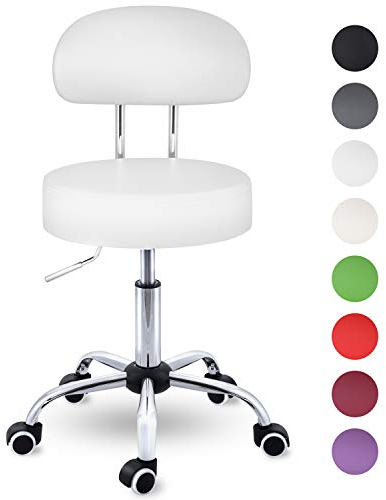 TRESKO® Rollhocker mit Lehne Weiß | Arbeitshocker höhenverstellbar 46-58 cm | Drehhocker mit Rollen | Bürostuhl Hocker Drehstuhl Kosmetikhocker
