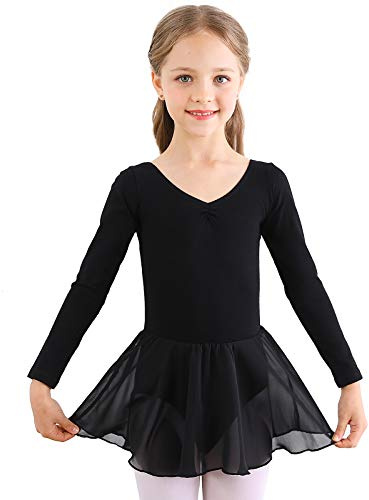 Bezioner Ragazza Balletto Leotard Vestito Danza Tutu Body Ginnastica Manica Lunga con Chiffon Gonna Nero 150