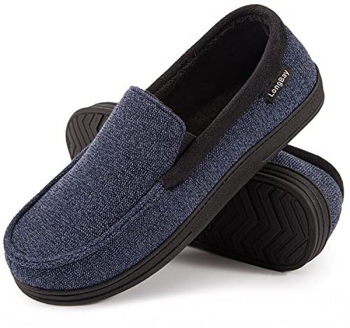 LongBay Men's Moccasin Slippers Memory Foam Plush Fleece House Shoes in Indoor Outdoor Navy Blue10 UK