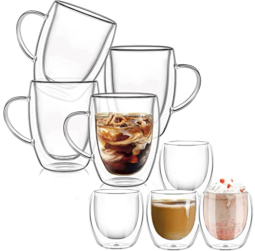 8 Tazas de Café de Cristal, Vidrio de Doble Pared, Vasos de Capuchino, 4x350ml y 4x80ml Tazas de Café y Tazas de Vidrio de Pared Doble, para Bebidas Frías y Calientes, Aptos Para el Lavavajillas