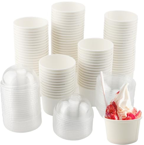 DAKFOOK 100 PCS 200ml Paper Ice Cream Cups, 7oz Disposable Dessert Cups with Dome Lids, White Paper Ice Cream Tubs Takeaway Containers for Soup, Sundae, Frozen Yoghurt