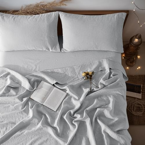 LBRO2M 100% Pure Linen Sheet Set Deep Pocket Up to 16 Bed Sheets Sets, Natural Flax Beddings Soft, Breathable, Comfortable for All Seasons 4 Pcs Sheet Set California King Size, Grey