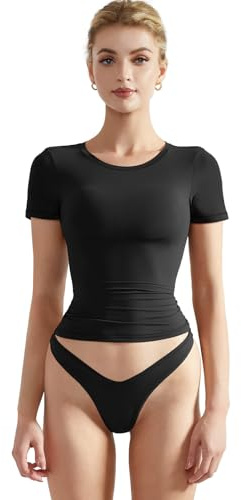 SUUKSESS Women Double Lined Fitted Basic Tee Crew Neck Short Sleeve Y2K Crop Top