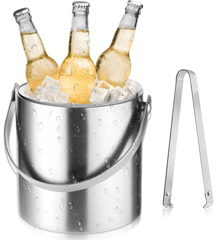 2L Eiswürfelbehälter, Edelstahl Eisbehälter, Doppelwandiger Eiseimer, Luftdichtem Deckel und Eiszange, Eiskübel Edelstahl mit Tragegriff für Sektkühler, Flaschenkühler, Getränkewanne