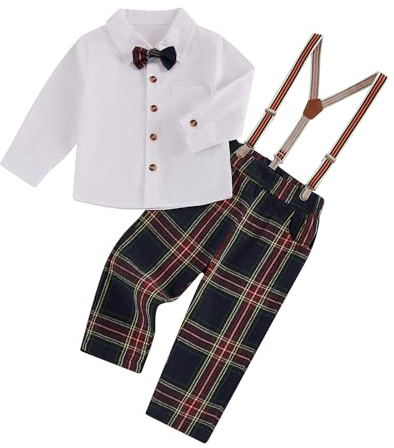 Geagodelia 2 Pezzi Completo Bambino di Natale Gentiluomo Camicia Maniche Lunghe+Pantaloni con Bretelle Tuta Natalizia Elegante per Ragazzi 1-7 Anni (Bianco, 5-6 Years)