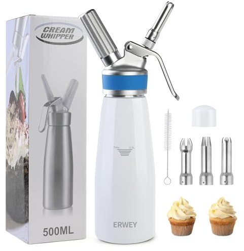 ERWEY Siphon Chantilly 500ml, Siphon à Chantilly en Aluminium, Siphons de Cuisine avec 3 Douilles et 1 Brosse de Nettoyage, Siphon de Chantilly pour Décoration Patisserie et Desserts (Blanc)