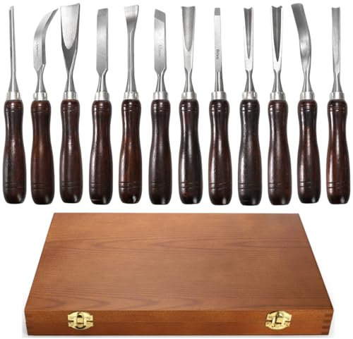 Covzoe Lot de 12 outils de sculpture sur bois, ensemble de ciseaux finement travaillés avec boîte en bois, lame à bord en acier CR-V avec poignée en bois de qualité supérieure, outils de tournage