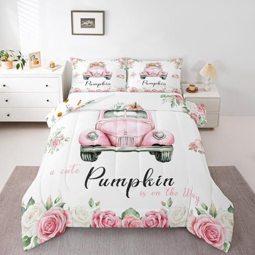 Homewish Rose Pumpkin Duvet Set King Fall Thanksgiving Day Bedding Set for Kids Toddler Girls,Watercolor Pink Floral Truck Coverless Duvet Autumn Green Leaves Quilted Bedding 3 Pcs, Microfiber Soft