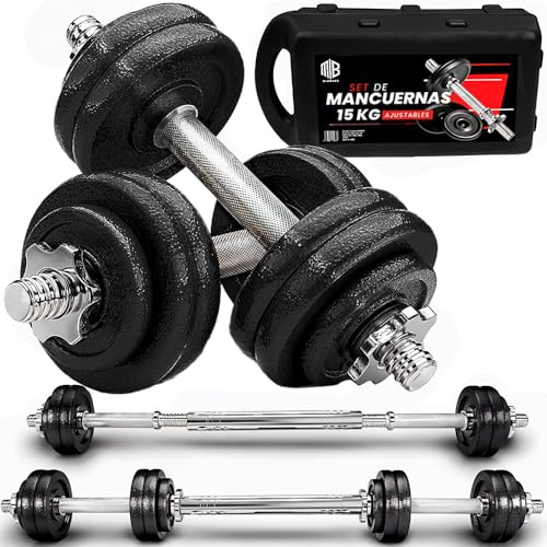 ManiBoom Mancuernas Ajustables HIERRO PURO (No Plástico) - Kit Pesas 3 en 1 con Barra Extensora - Maletín Rígido de Musculación y Fitness en Casa - Discos Macizos y Seguros (15kg - 55kg)