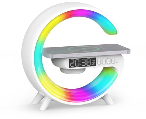 Smiling Shark Intelligente LED Sveglia Luce, Lampada Sveglia Atmosfera con Altoparlante Bluetooth Ricarica Senza Fili Controllo Bottone 10 Modalità D'illuminazione Wake Up Light per Casa Decorazione