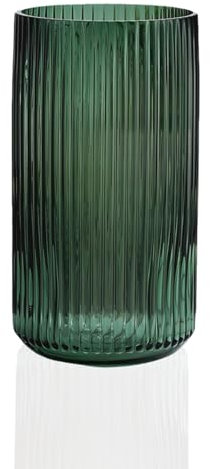 Premium Green Glass Vase, Striped Large Glass Flower Vases for Rustic Home Decor, Glasses Vases for Home, Vase Green Housewarming Party Ideal for Shelf, Meeting Room, Mantle, Table Entryway Décor