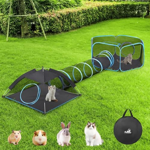 Pawaboo Parque para Mascotas con Túnel Portátil, 3 en 1 Túnel para Gatos Plegable con Tienda y Parque de Malla Transpirable, Corralito para Gatos Conejos Animales Pequeños, Azul Claro + Negro