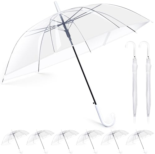 Hestya 8 Pack 40 Inch Clear Umbrellas for Wedding White Transparent Umbrella Dome PVC Windproof See Through Windproof Semi Automatic with Curved Handle for Ladies Men Unisex Bride Bridesmaid Party