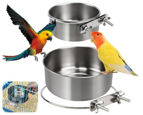 Bird Bath for Cage Feeder Bowls with Net Clamp for Cage Detachable Stainless Steel Feeding Bowl for Guinea Pig Hamster Rabbit Chinchilla, Parrot, Cockatiel, Conure, Budgies Small Animals（Size M&L)